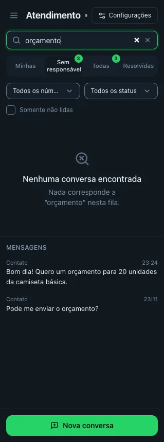 Coluna da lista de conversas do Atendimento com a aba 'Sem responsável' selecionada, contadores de não lidas, o campo de busca com o texto 'orçamento' e os filtros 'Todos os números' e 'Todos os status' visíveis, com três conversas fictícias na lista