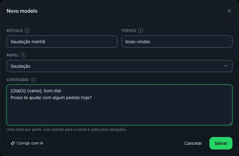 Janela 'Novo modelo' com Rótulo 'Saudação manhã', Tópico 'boas-vindas', Papel 'Saudação' e Conteúdo em duas linhas usando {Olá|Oi} e {name}, com o botão Corrigir com IA e Salvar