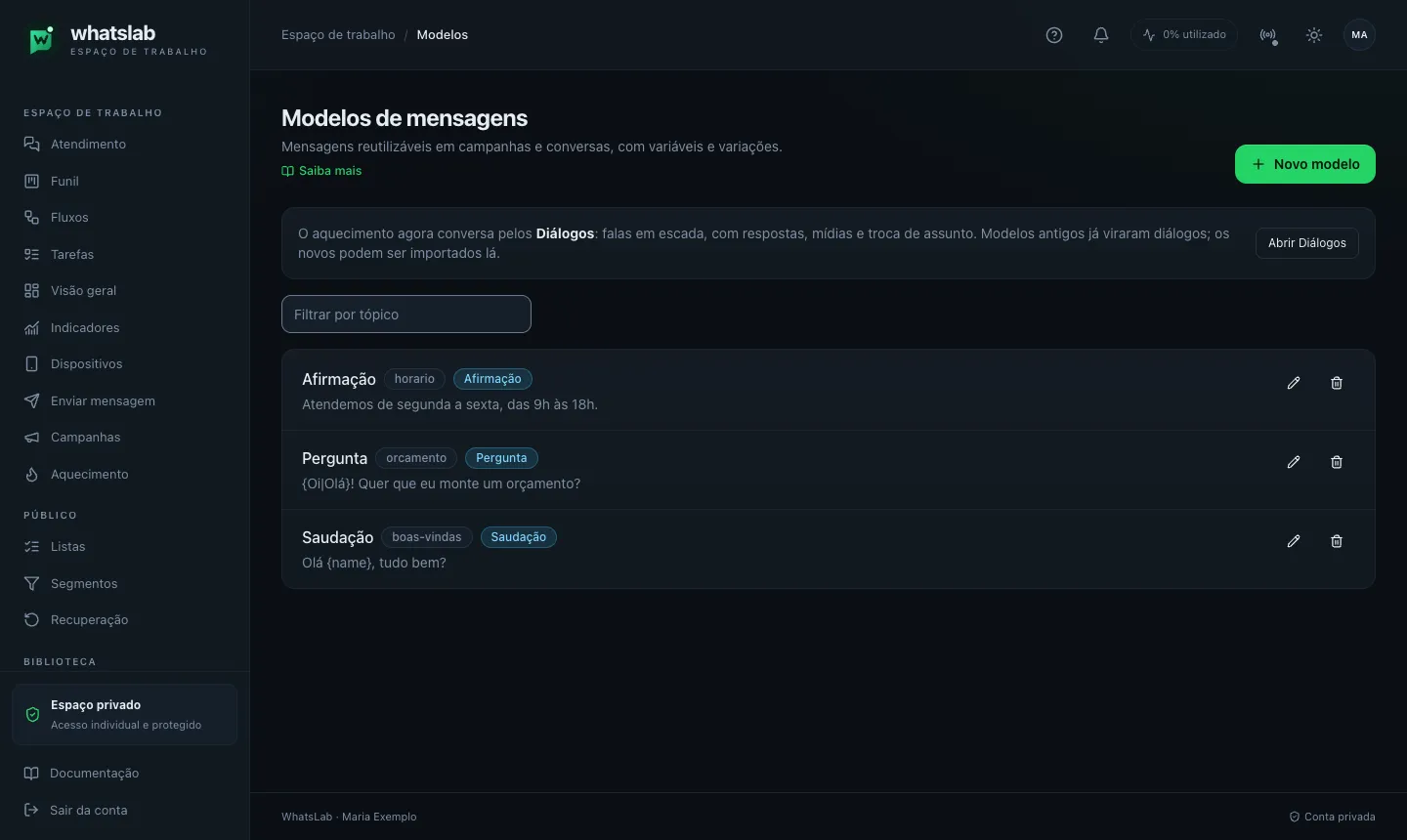 Página Modelos de mensagens (/templates) com o aviso sobre Diálogos, o filtro por tópico e três modelos de exemplo: 'Afirmação' (horario), 'Pergunta' (orcamento) com '{Oi|Olá}! Quer que eu monte um orçamento?' e 'Saudação' (boas-vindas) com 'Olá {name}, tudo bem?'