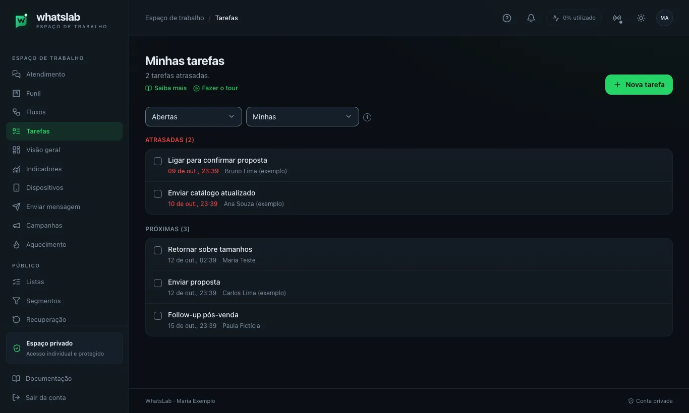 Página /tasks com o título 'Minhas tarefas', filtros 'Situação: Abertas' e 'Responsável: Minhas', e tarefas fictícias agrupadas nas seções Atrasadas (em vermelho), Hoje e Próximas, cada uma com caixa de conclusão, título, prazo e nome da oportunidade.