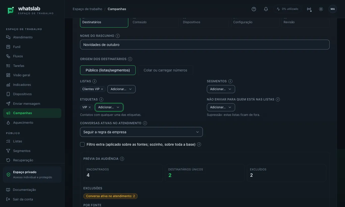 Etapa 1 'Destinatários' do assistente em /campaigns/new no modo 'Público (listas/segmentos)', com a lista 'Clientes VIP' e a etiqueta 'VIP' adicionadas, o seletor 'Conversas ativas no atendimento' em 'Seguir a regra da empresa' e a 'Prévia da audiência' à direita mostrando destinatários únicos, exclusões e custo estimado.