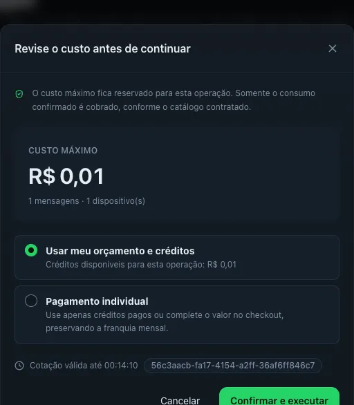 Janela modal 'Revise o custo antes de continuar' sobre a página Enviar mensagem, mostrando 'Custo máximo' em reais e os botões para cancelar ou confirmar.