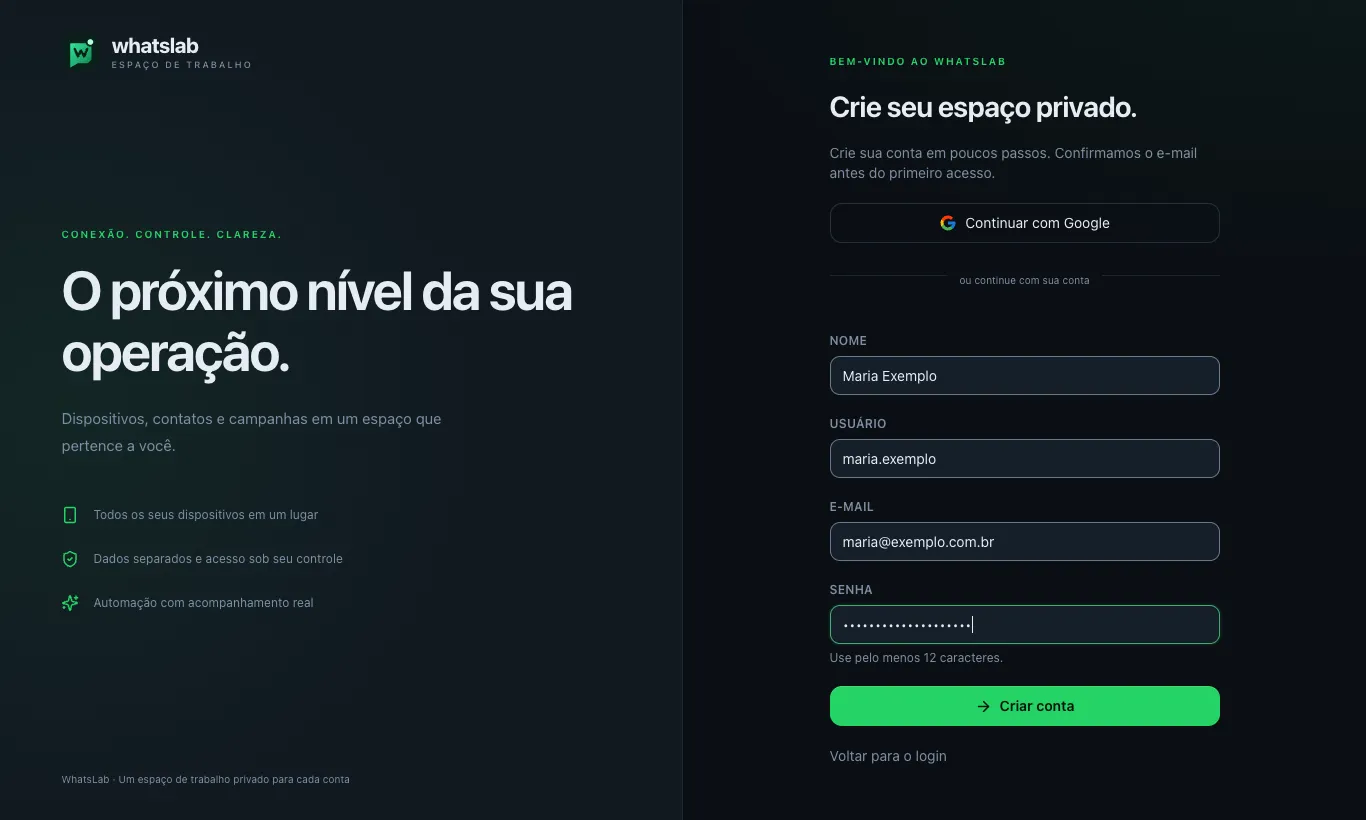 Tela /signup do Zynzap com o formulário de cadastro preenchido com dados fictícios: Nome 'Maria Exemplo', Usuário 'maria.exemplo', E-mail 'maria@exemplo.com.br', Senha oculta e o botão Criar conta