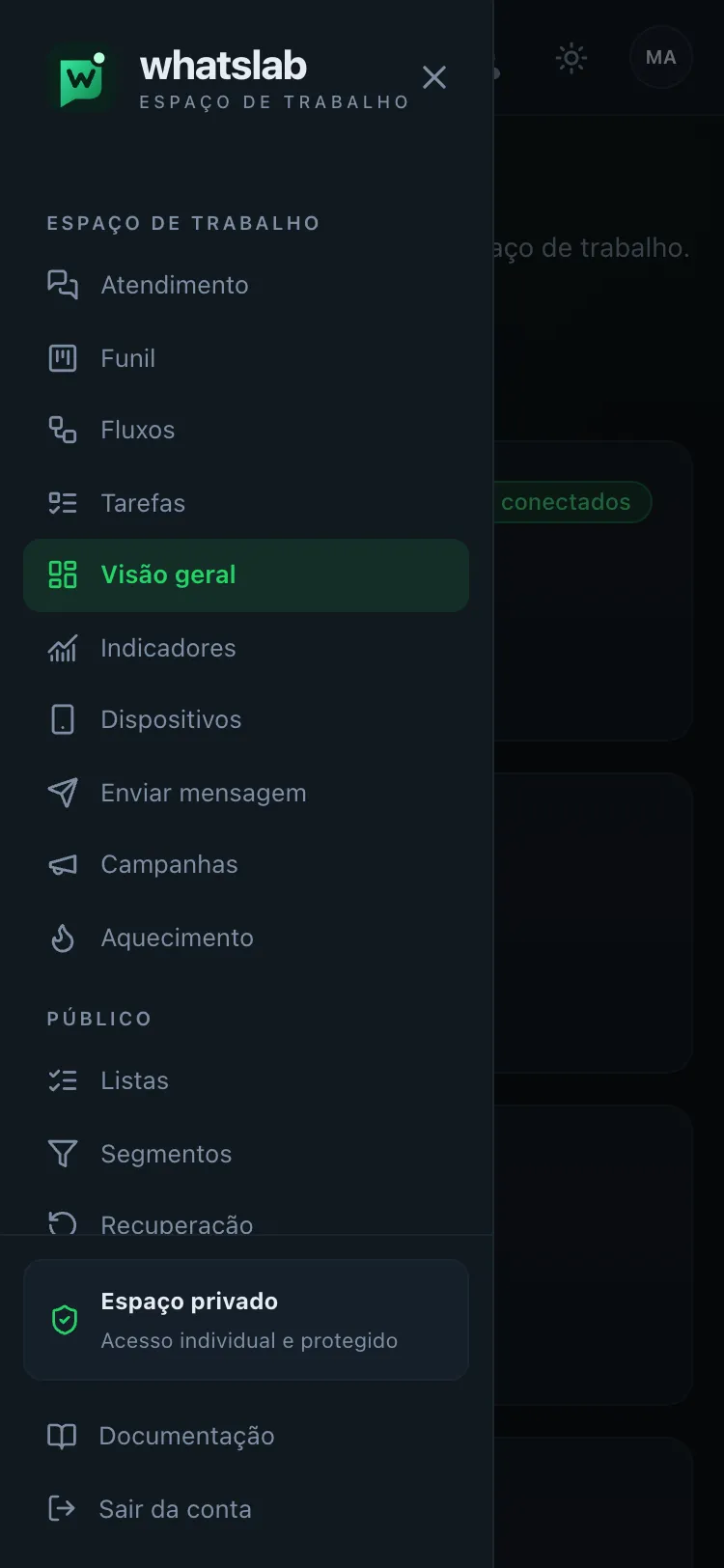 Painel em um celular de 375px de largura com a gaveta do menu lateral aberta sobre a tela Visão geral, mostrando o botão Fechar menu e os grupos de navegação